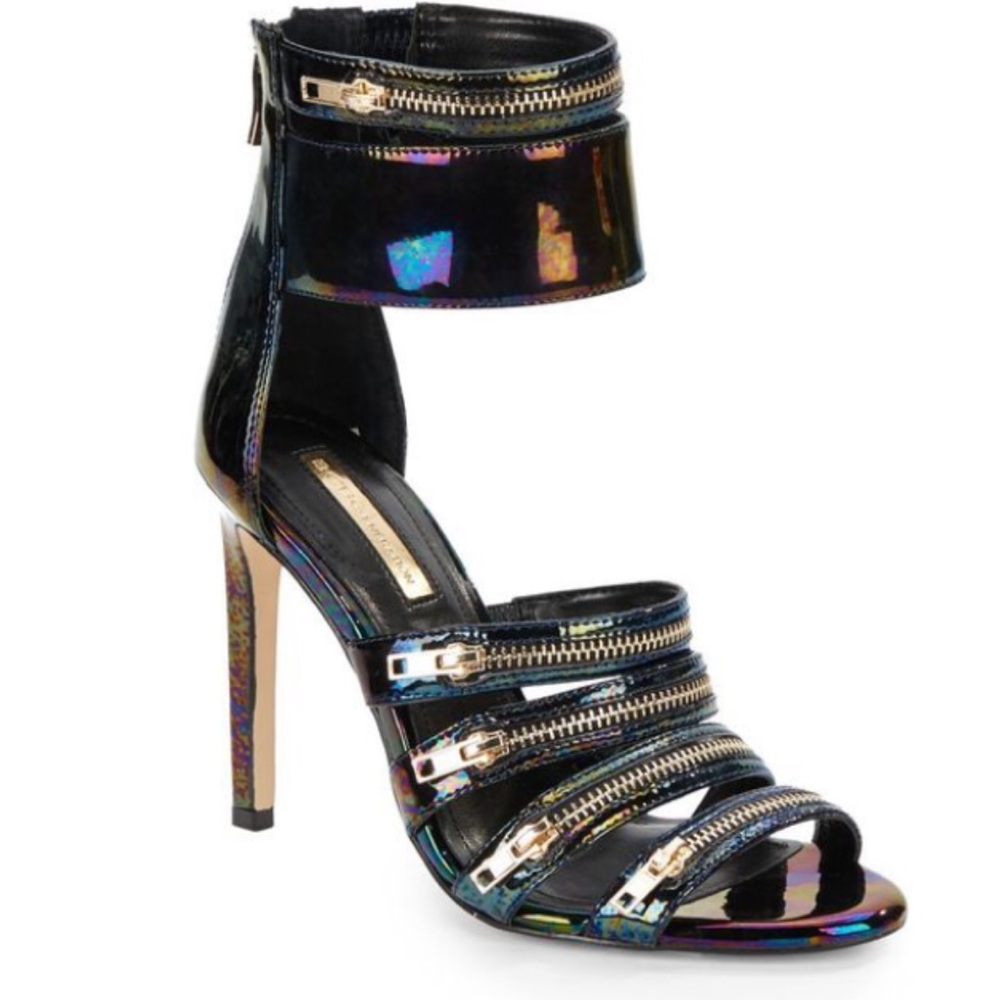 BCBG Holographic Cuff Strappy Zipper Heels
